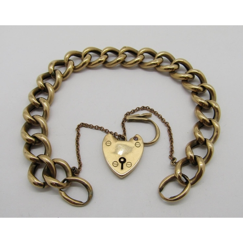 317 - Antique 9ct hollow curb link bracelet with heart padlock clasp, 16g