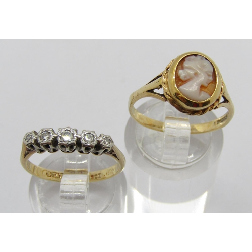 331 - 18ct five stone diamond ring, size M/N, 2.3g and a 9ct cameo ring depicting a lady in profile, size ... 