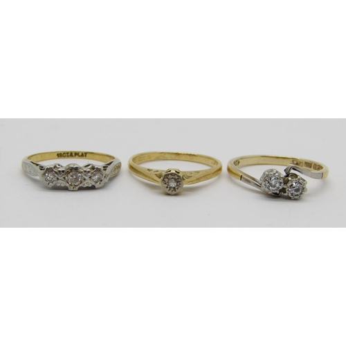 341 - Three illusion set diamond rings comprising an 18ct three stone example, size H/I, a further 18ct so... 