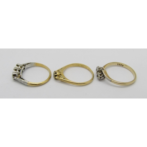 341 - Three illusion set diamond rings comprising an 18ct three stone example, size H/I, a further 18ct so... 