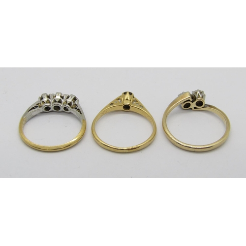 341 - Three illusion set diamond rings comprising an 18ct three stone example, size H/I, a further 18ct so... 