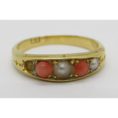 350 - Antique 18ct coral and pearl five stone ring, size J, 3g (one pearl vacant)