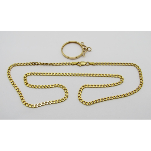 355 - 9ct curb link chain necklace and a 9ct sovereign pendant mount, 9.9g total (2)