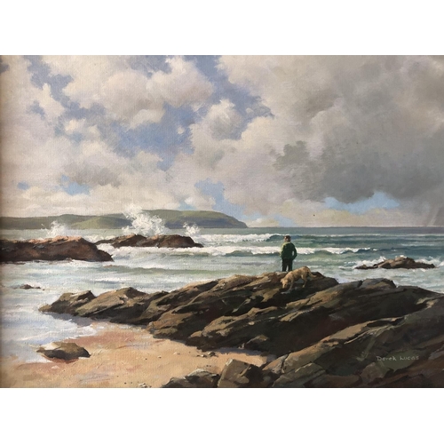 1879 - Derek Lucas (Contemporary) - Coastal scene with a man and his dog, signed lower right, oil on canvas... 