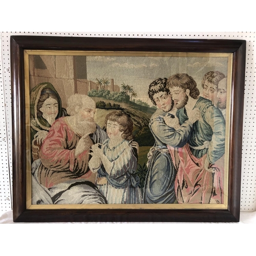 1881 - A 19th century woolwork tapestry depicting a historical figurative scene, glazed and framed in rosew... 