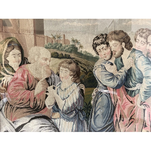 1881 - A 19th century woolwork tapestry depicting a historical figurative scene, glazed and framed in rosew... 