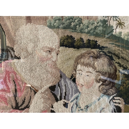 1881 - A 19th century woolwork tapestry depicting a historical figurative scene, glazed and framed in rosew... 