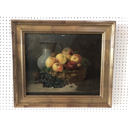 1899 - Lopez (20th Century) - Still life with a jug, grapes and basket of apples, signed lower right, oil o... 