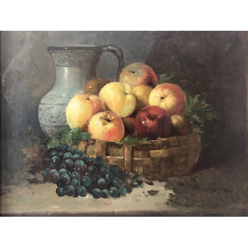 1899 - Lopez (20th Century) - Still life with a jug, grapes and basket of apples, signed lower right, oil o... 