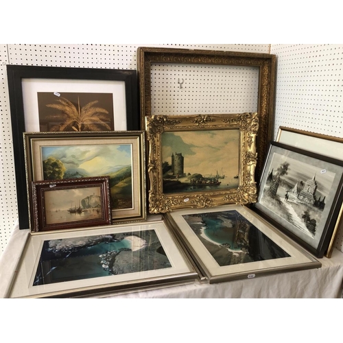 1912 - A group of framed prints and paintings and a 19th century gilt gesso frame, to include: Katryna Tycz... 