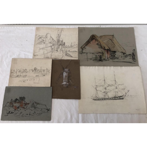 1924 - William Monk (1863-1937) - A group of six drawings of buildings and ships in pencil, charcoal, chalk... 