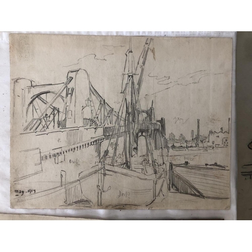 1924 - William Monk (1863-1937) - A group of six drawings of buildings and ships in pencil, charcoal, chalk... 