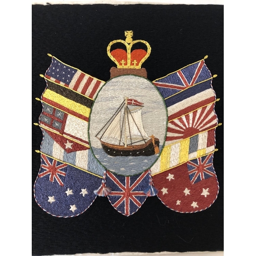 1929 - British sailor's woolwork embroidered panel of a ship of the Royal Navy surrounded by nation's flags... 