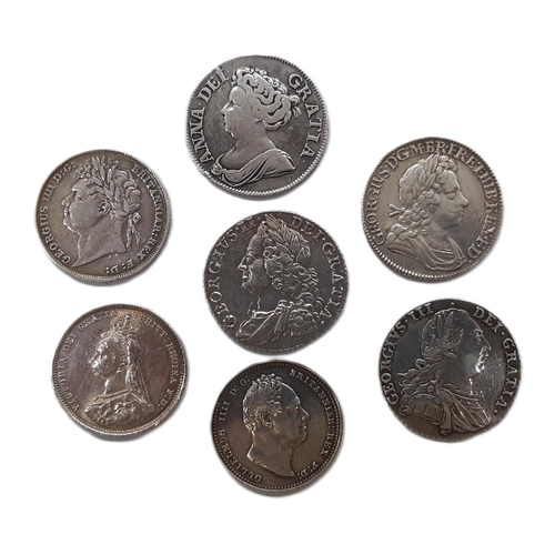 876 - Seven silver shilling coins: Anne (1707 - 1714) 1711, George I (1714 - 1727) 1723, George II (1727 -... 