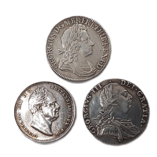 876 - Seven silver shilling coins: Anne (1707 - 1714) 1711, George I (1714 - 1727) 1723, George II (1727 -... 