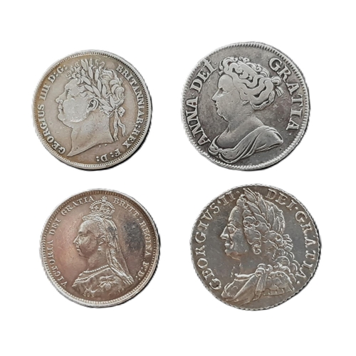 876 - Seven silver shilling coins: Anne (1707 - 1714) 1711, George I (1714 - 1727) 1723, George II (1727 -... 