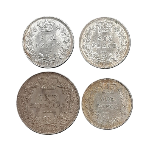 885 - Victoria (1837 - 1901) a silver shilling coin, 1888, together with three 6d coins, 1881, 1884 and 18... 