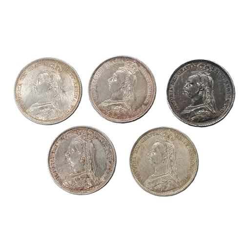 894 - Victoria (1837 - 1901) Five silver 6d coins, 1888, 1889, 1891, 1890, 1892 (5)