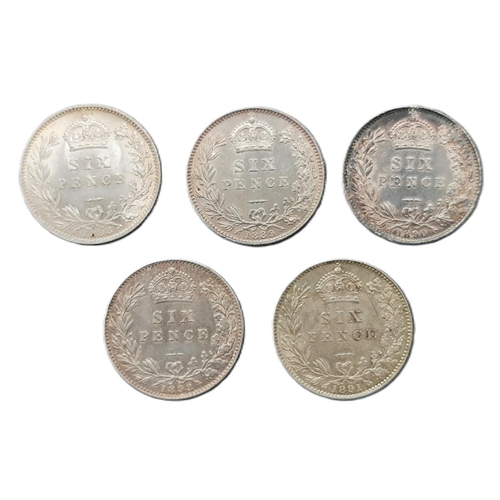 894 - Victoria (1837 - 1901) Five silver 6d coins, 1888, 1889, 1891, 1890, 1892 (5)