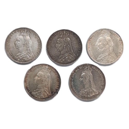 896 - Victoria (1837 - 1901) Five silver shilling coins, 1888, 1889, 1890, 1891, 1892 (5).