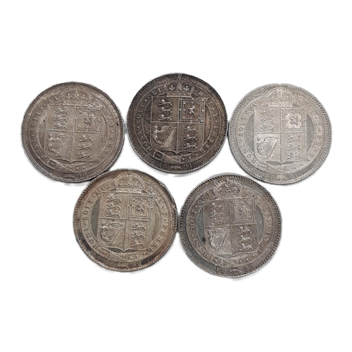 896 - Victoria (1837 - 1901) Five silver shilling coins, 1888, 1889, 1890, 1891, 1892 (5).