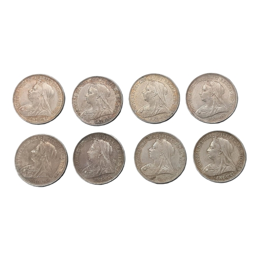 904 - Victoria (1837 - 1901) Eight silver shilling coins, 1893, 1894, 1895, 1896, 1897, 1898, 1899, 1900 (... 