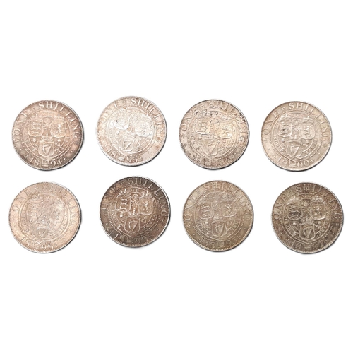 904 - Victoria (1837 - 1901) Eight silver shilling coins, 1893, 1894, 1895, 1896, 1897, 1898, 1899, 1900 (... 