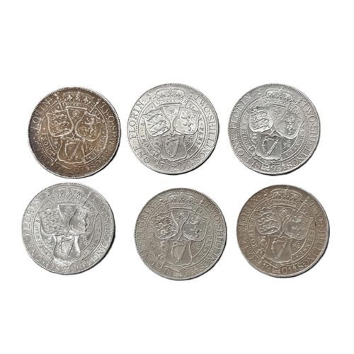 907 - Victoria (1837 - 1901) Six silver florin coins, 1893, 1894, 1896 1899, 1900, 1901 (6)