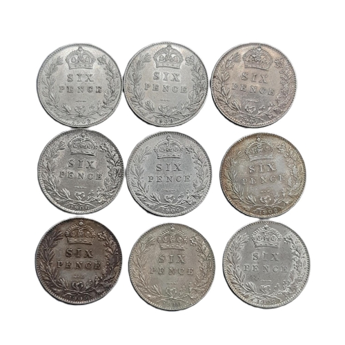 916 - Edward VII (1901 - 1910) Nine silver 6d coins, 1902, 1903, 1904, 1905, 1906, 1907, 1908, 1909, 1910 ... 