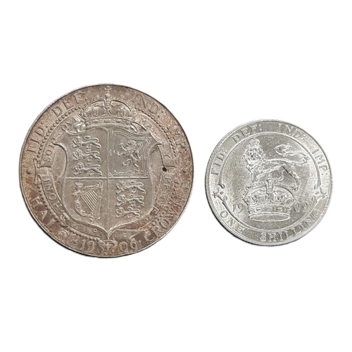 923 - Edward VII (1901 - 1910) A silver half crown coin, 1906, together with a shilling, 1909 (2).