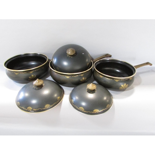 517 - Five Vintage German ASTA Enamelware cast iron saucepans with gold decoration, largest 22cm diameter ... 