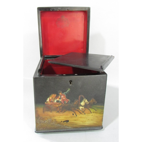 520 - A Russian lacquered tea caddy with painted Troika Scenes to the four sides and lid (unsigned) togeth... 