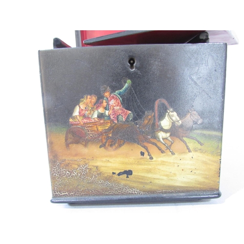 520 - A Russian lacquered tea caddy with painted Troika Scenes to the four sides and lid (unsigned) togeth... 