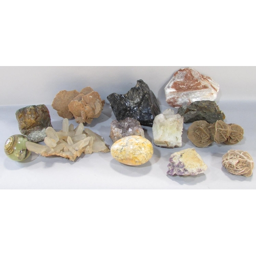 549 - A collection of mineral samples including rose sand crystal, clear quartz clusters, amethyst quartz ... 