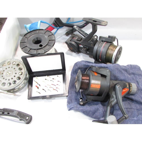 585 - Fishing equipment including an Alvey deep sea 300 yard fishing reel, an Intrepid Deluxe reel, togeth... 