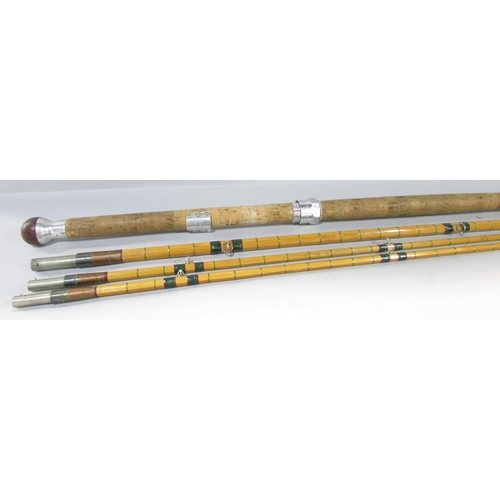 587 - A Vintage Hardy’s 3 piece split cane L R H Salmon Fly fishing rod 430cm long approximately with an e... 