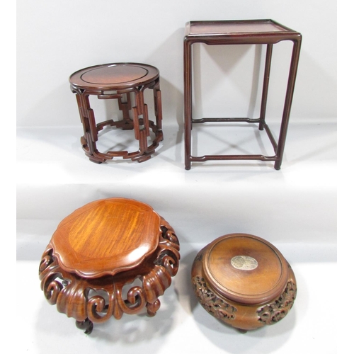 595 - Four varying Chinese hardwood plant stands, two circular scrolled and flora one circular and geometr... 