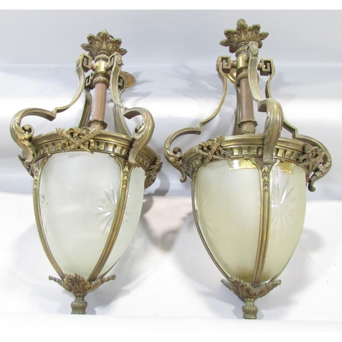 600 - A pair of heavy Empire style brass lanterns, with star engraved bell shades 60cm  (one shade cracked... 