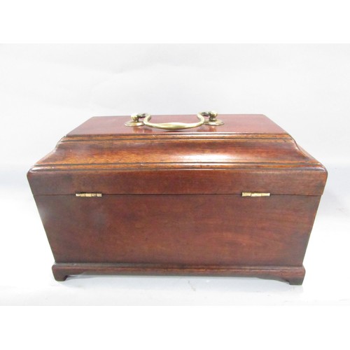 578 - A Georgian mahogany tea caddy with three divisions raised on bracket feet. 24cm wide, together with ... 