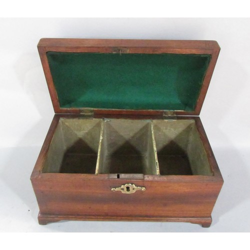 578 - A Georgian mahogany tea caddy with three divisions raised on bracket feet. 24cm wide, together with ... 