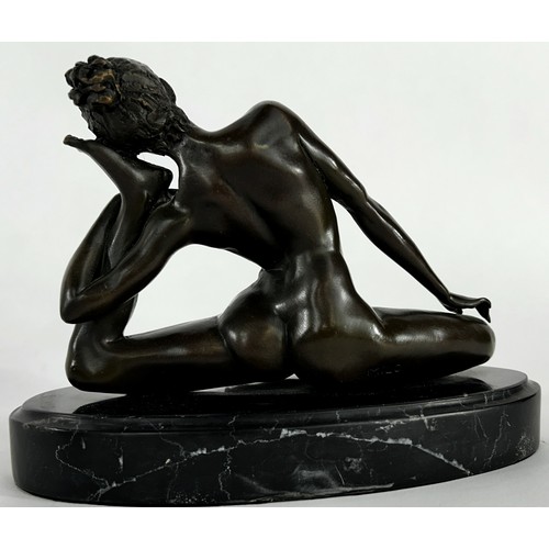 553 - A bronze nude yoga lady on an oval marble base, signed MILO to the right thigh, 21cm wide x 16cm hig... 