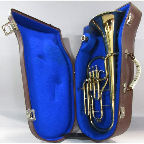 591 - A brass B & S Sonara E Flat Tenor Horn in a hard case, together with an Amati Kraslice ATR 201 B Fla... 