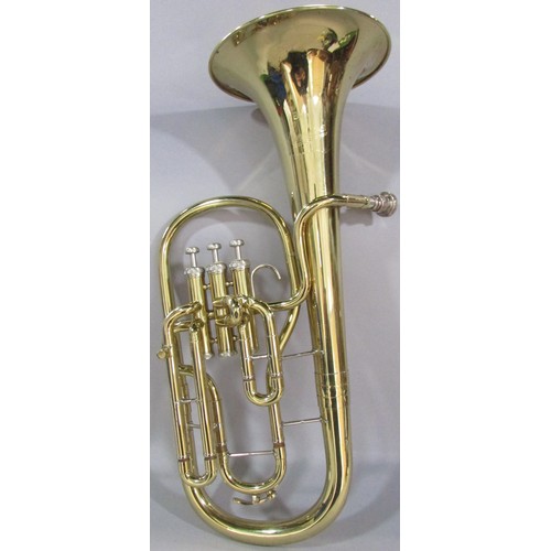 591 - A brass B & S Sonara E Flat Tenor Horn in a hard case, together with an Amati Kraslice ATR 201 B Fla... 