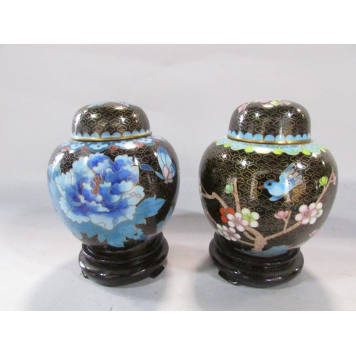 560 - Two Chinese cloisonné ginger jars flowers on stylised clouds, both with stands 13cm including stand,... 