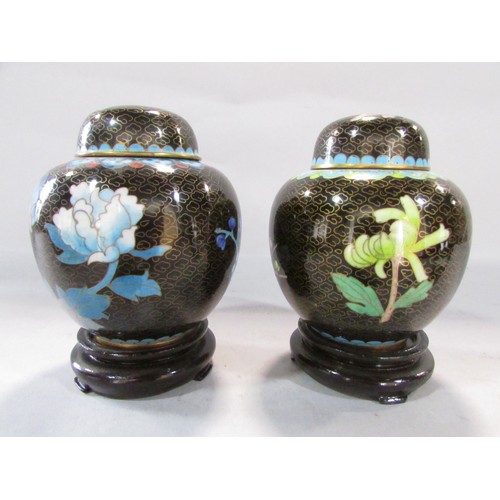 560 - Two Chinese cloisonné ginger jars flowers on stylised clouds, both with stands 13cm including stand,... 