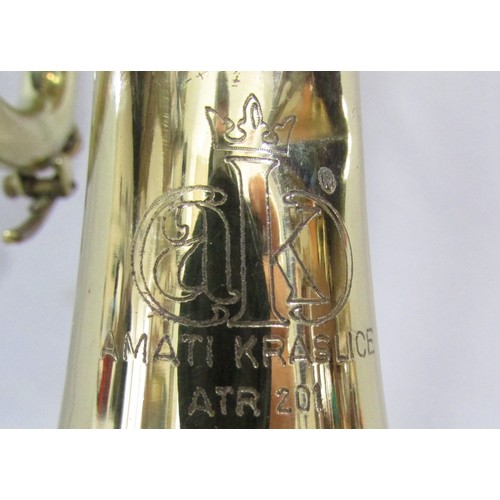 591 - A brass B & S Sonara E Flat Tenor Horn in a hard case, together with an Amati Kraslice ATR 201 B Fla... 