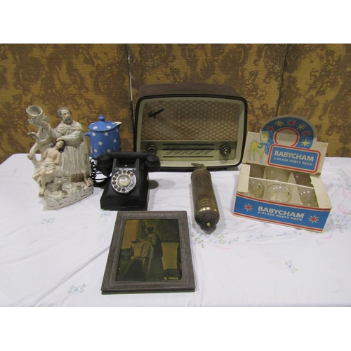 1308 - An old studded and over-painted luggage trunk together with mixed country house contents to include ... 