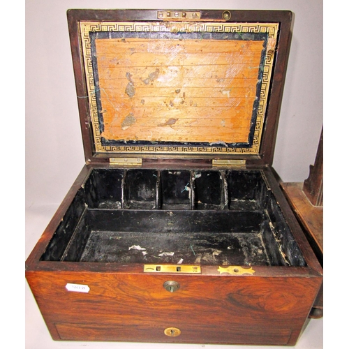 532 - A Victorian rosewood travel box with a slender drawer to the base, in need of restoration, and Georg... 