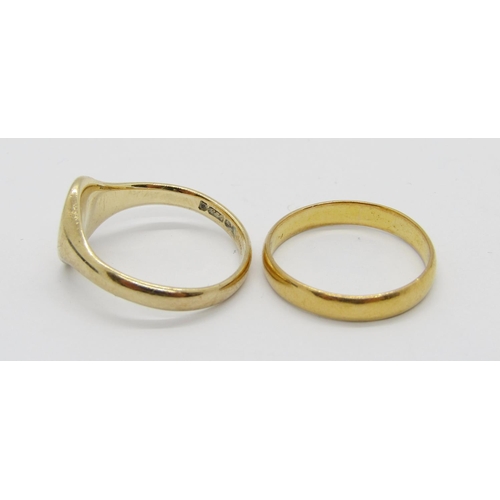 365 - 22ct wedding ring, 2.8g and a 9ct signet ring with engraved initials 'DSB', 4.3g, both size O/P