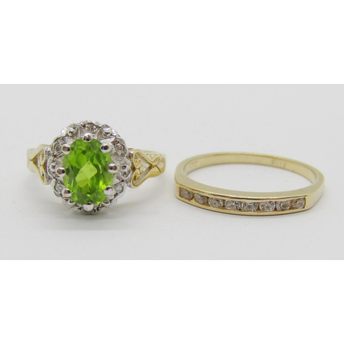 375 - Antique style 9ct peridot and diamond cluster dress ring, maker 'CJ', Birmingham, 3g and a 14ct chan... 